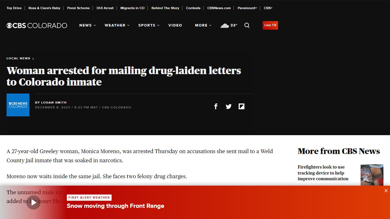 Woman arrested for mailing drug-laiden letters to Colorado inmate